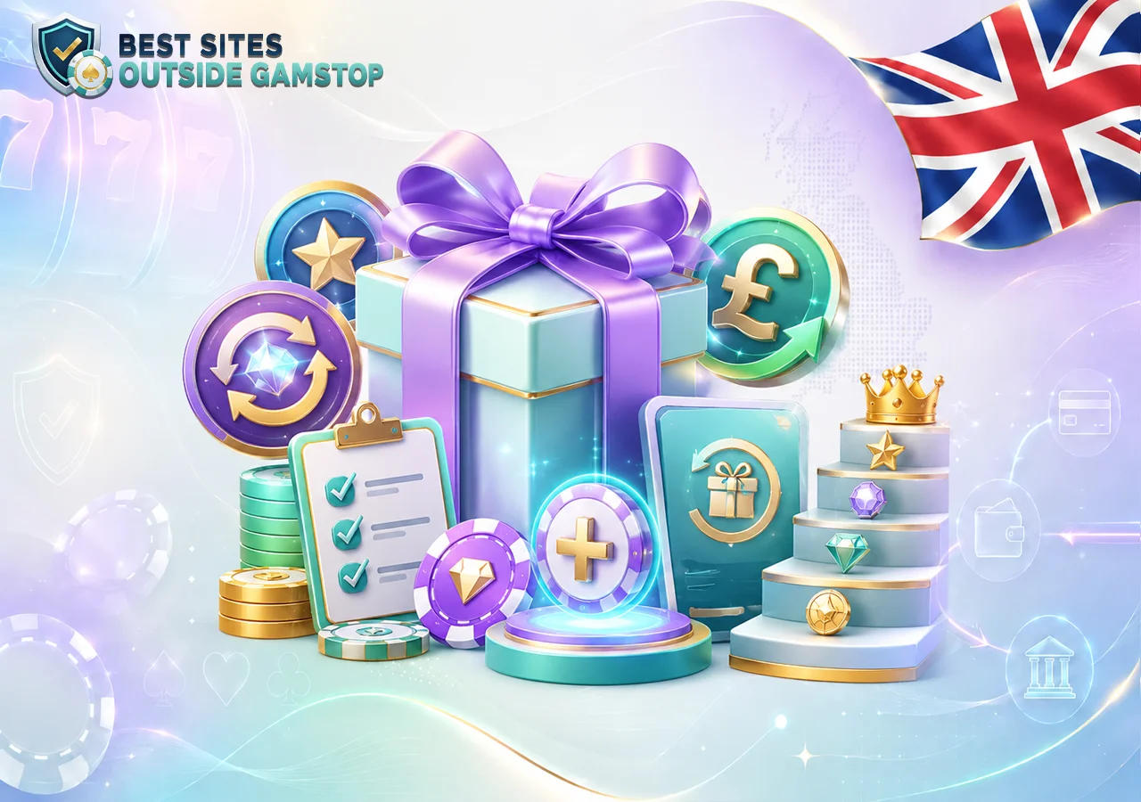 Visual guide to UK Casino bonuses with rewards, free spins, cashback, VIP tiers